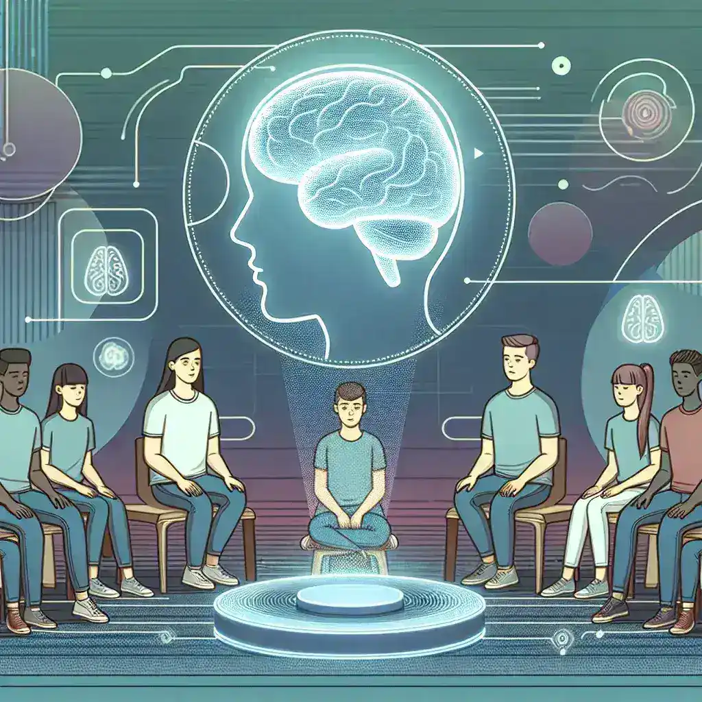 "Virtual reality scene showcasing U.S. teens participating in AI-powered mental health support groups within Meta Horizon, highlighting innovative technology for mental wellness."