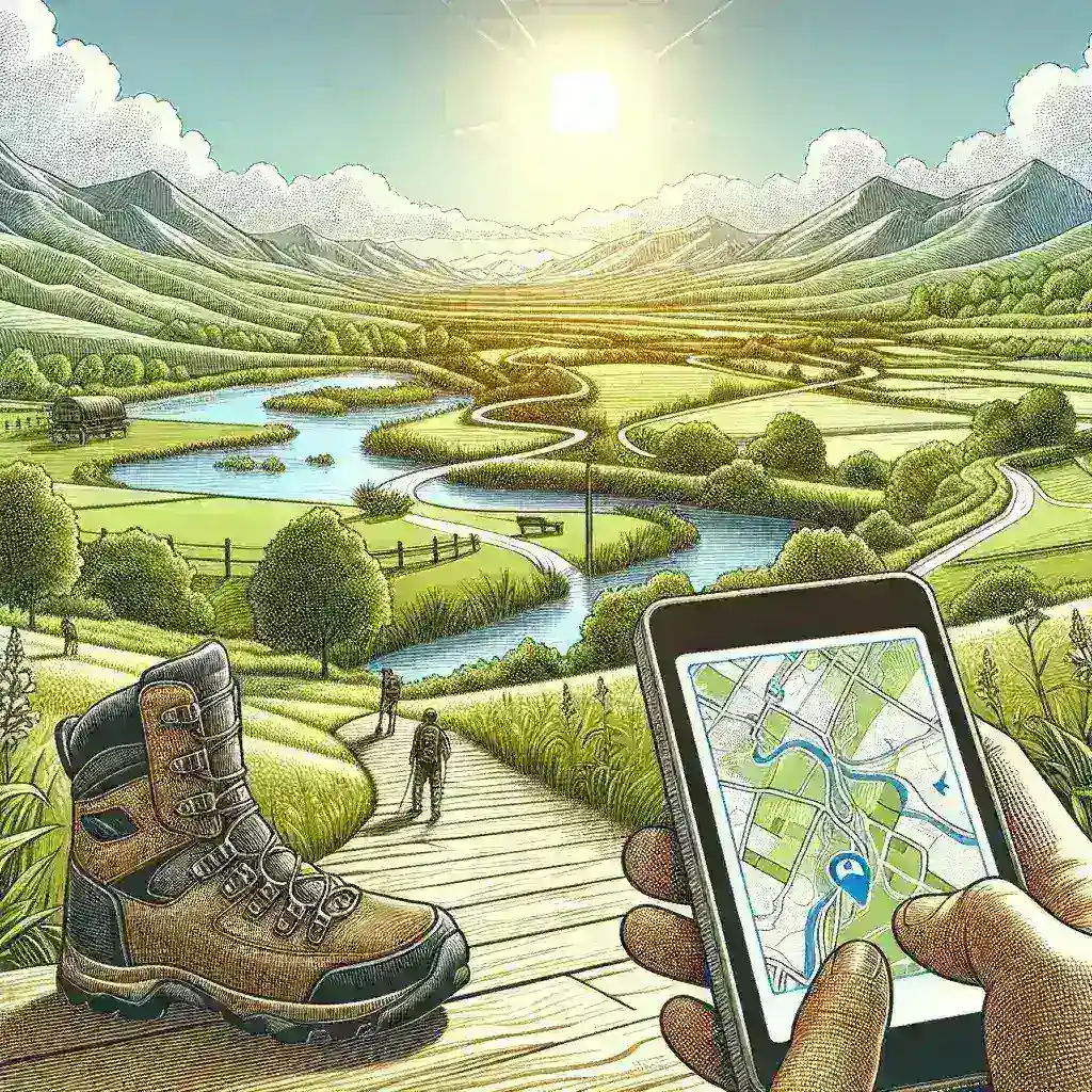 "Scenic hiking trail in a rural area with a person using Google Maps on their smartphone to navigate the path, highlighting increased support for outdoor adventures"